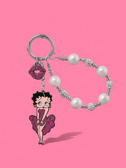 Betty Boop Chaveiro de Liga Elegante e da Moda com Cereja 3D Brilhante, Pingente de Bolsa Fofo de Desenho Animado, Charme de Bolsa, Ideias de Presente, Festa, Feriado, Dia dos Namorados