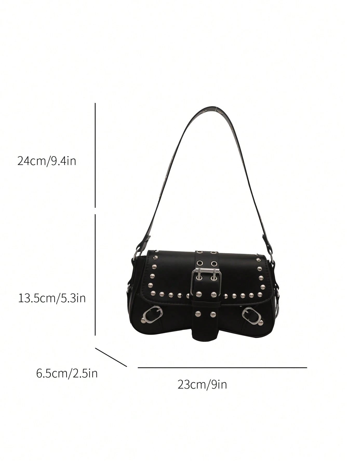 Bolsa de Ombro Feminina Decorada com Rebite da Moda, Bolsa Axilar, Bolsa Meia-Lua, Bolsa de Motoqueiro com Fecho de Cinto de Couro