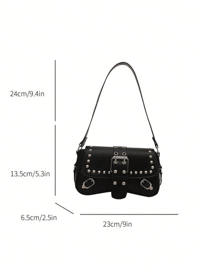 Bolsa de Ombro Feminina Decorada com Rebite da Moda, Bolsa Axilar, Bolsa Meia-Lua, Bolsa de Motoqueiro com Fecho de Cinto de Couro