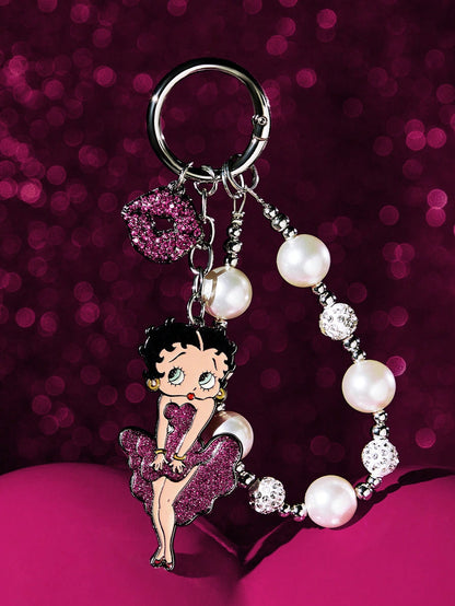 Betty Boop Chaveiro de Liga Elegante e da Moda com Cereja 3D Brilhante, Pingente de Bolsa Fofo de Desenho Animado, Charme de Bolsa, Ideias de Presente, Festa, Feriado, Dia dos Namorados