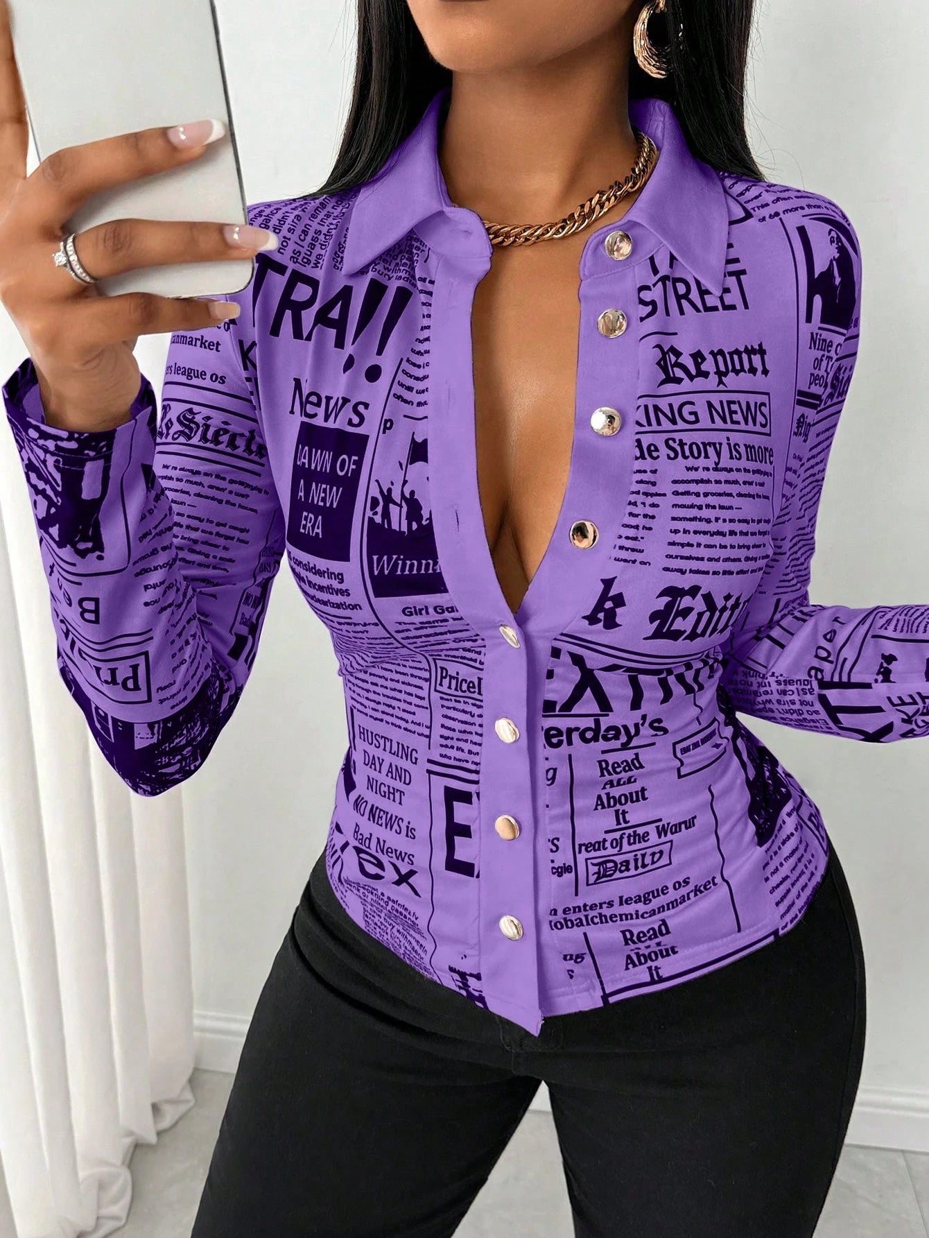 SHEIN LUNE Camisa Ajustada Estampada com Impressão de Jornal para Mulheres