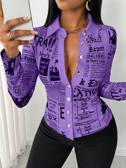 SHEIN LUNE Camisa Ajustada Estampada com Impressão de Jornal para Mulheres