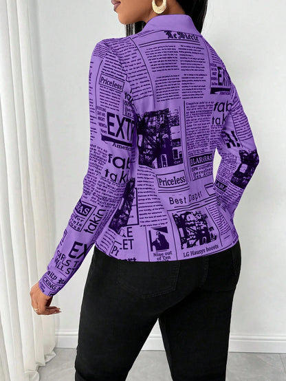 SHEIN LUNE Camisa Ajustada Estampada com Impressão de Jornal para Mulheres