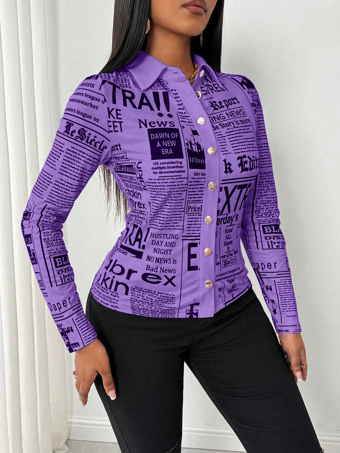 SHEIN LUNE Camisa Ajustada Estampada com Impressão de Jornal para Mulheres