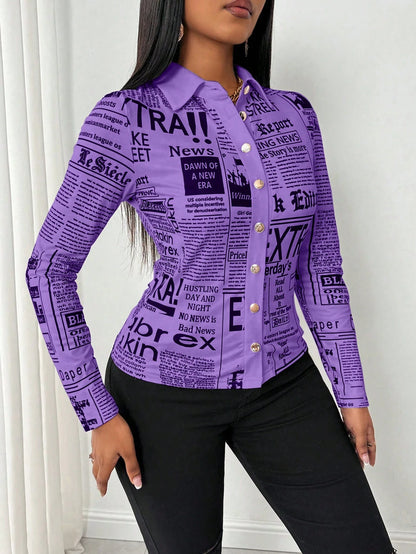 SHEIN LUNE Camisa Ajustada Estampada com Impressão de Jornal para Mulheres