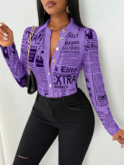 SHEIN LUNE Camisa Ajustada Estampada com Impressão de Jornal para Mulheres