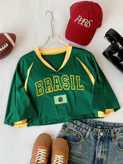 Comfortcana Top Cropped Casual com Estampa de Letra em Contraste de Cor, Manga Curta e Decote em V para Mulheres Plus Size, Suéter de Manga Raglan em Malha