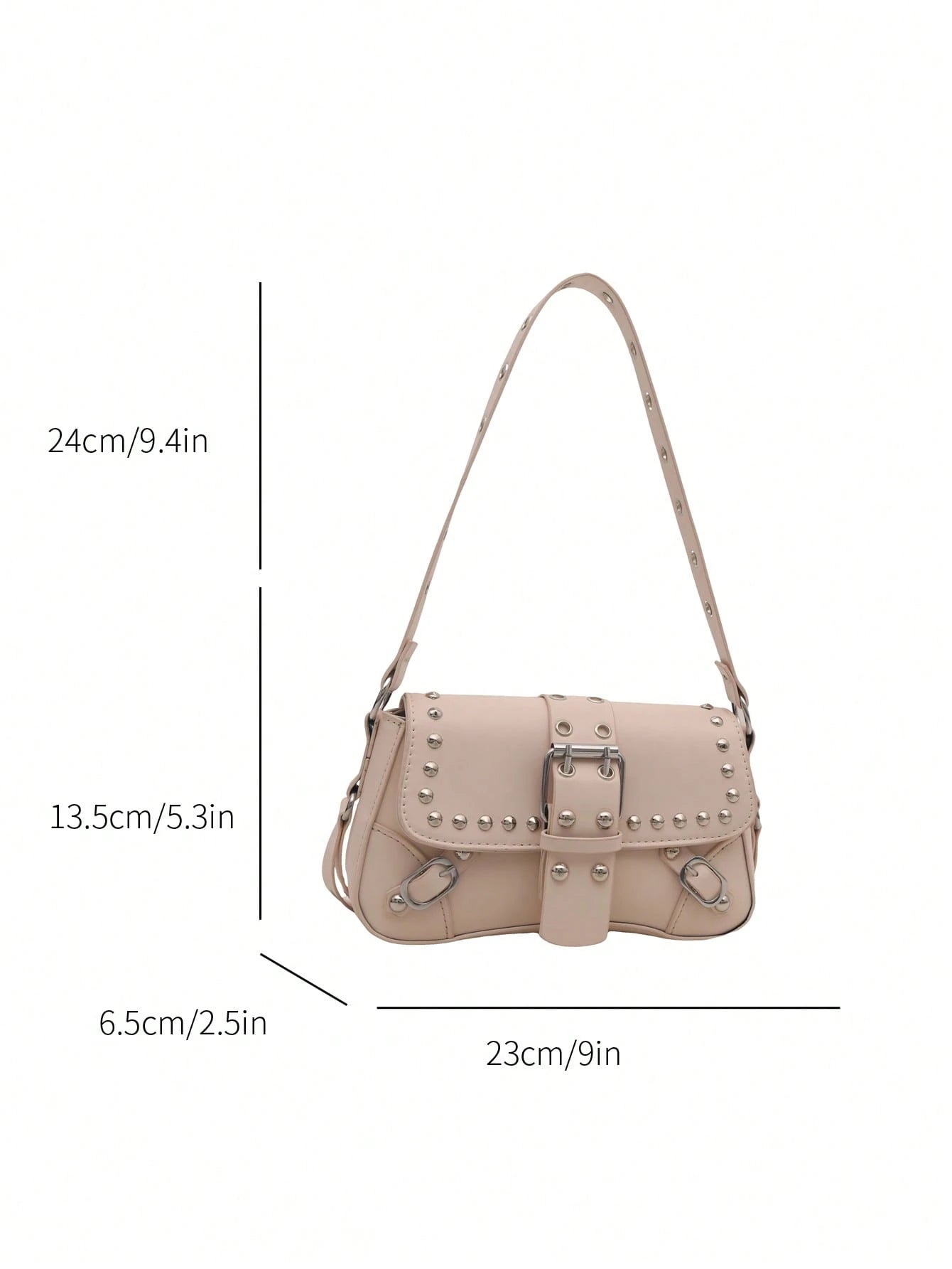 Bolsa de Ombro Feminina Decorada com Rebite da Moda, Bolsa Axilar, Bolsa Meia-Lua, Bolsa de Motoqueiro com Fecho de Cinto de Couro