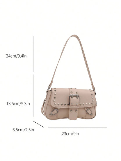Bolsa de Ombro Feminina Decorada com Rebite da Moda, Bolsa Axilar, Bolsa Meia-Lua, Bolsa de Motoqueiro com Fecho de Cinto de Couro
