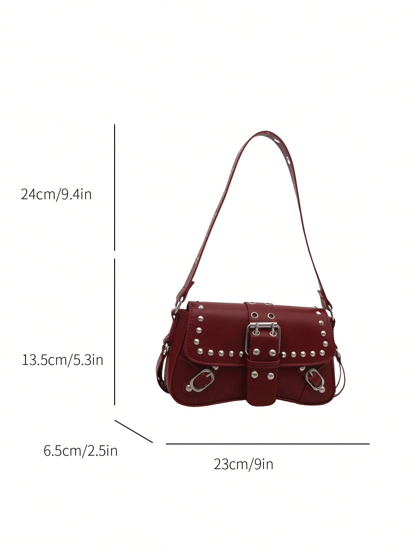Bolsa de Ombro Feminina Decorada com Rebite da Moda, Bolsa Axilar, Bolsa Meia-Lua, Bolsa de Motoqueiro com Fecho de Cinto de Couro