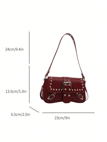 Bolsa de Ombro Feminina Decorada com Rebite da Moda, Bolsa Axilar, Bolsa Meia-Lua, Bolsa de Motoqueiro com Fecho de Cinto de Couro