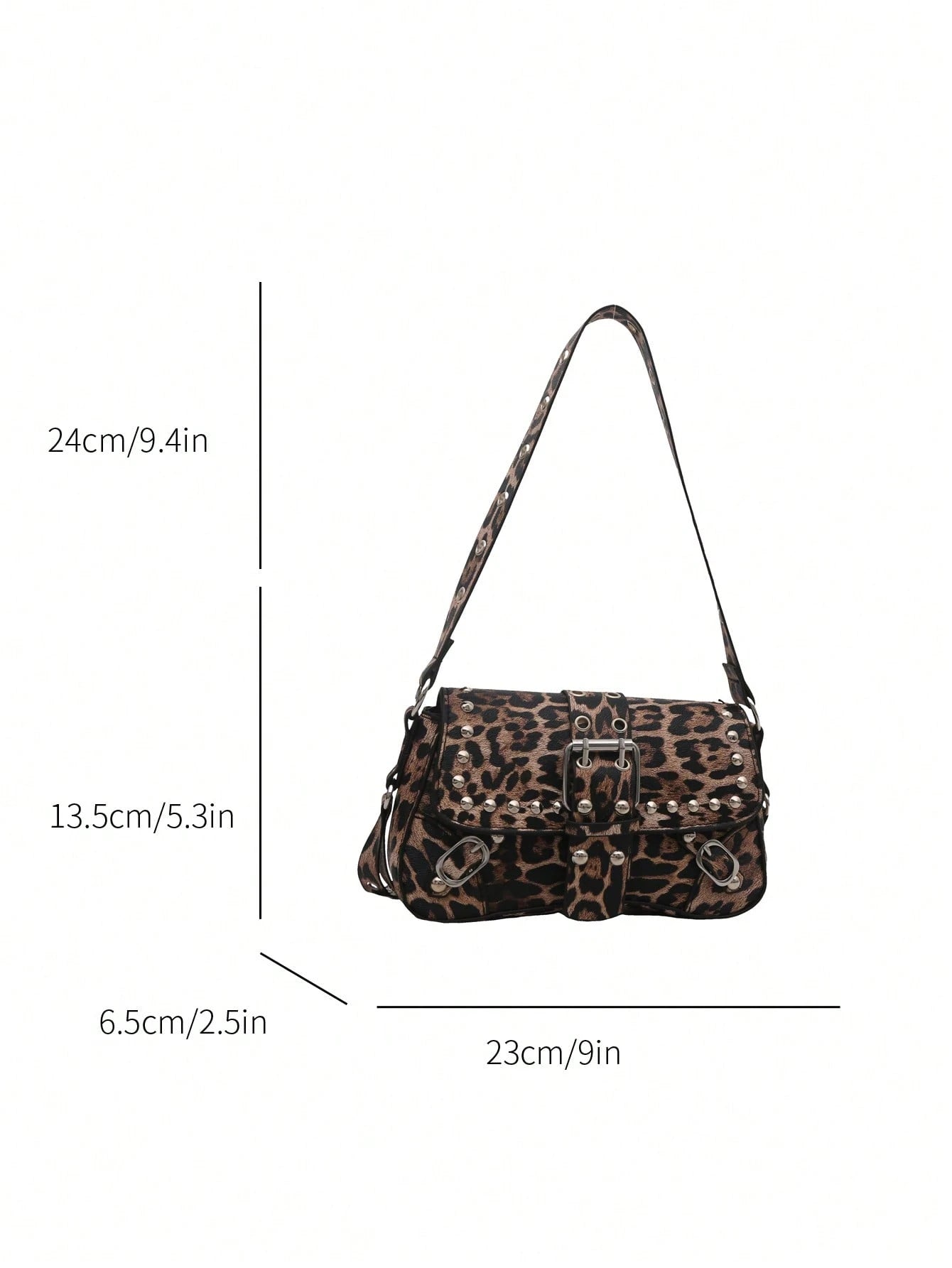 Bolsa de Ombro Feminina Decorada com Rebite da Moda, Bolsa Axilar, Bolsa Meia-Lua, Bolsa de Motoqueiro com Fecho de Cinto de Couro