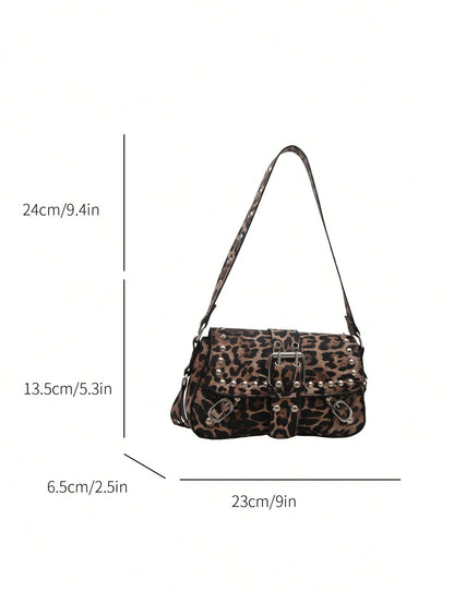 Bolsa de Ombro Feminina Decorada com Rebite da Moda, Bolsa Axilar, Bolsa Meia-Lua, Bolsa de Motoqueiro com Fecho de Cinto de Couro
