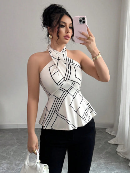 Glyssa Regata Sexy com Decote Halter Pescoço Cruzado, Cintura Marcada e Bainha Evasê, Casual de Primavera e Verão para Férias, Estilo Canelado Preto e Branco