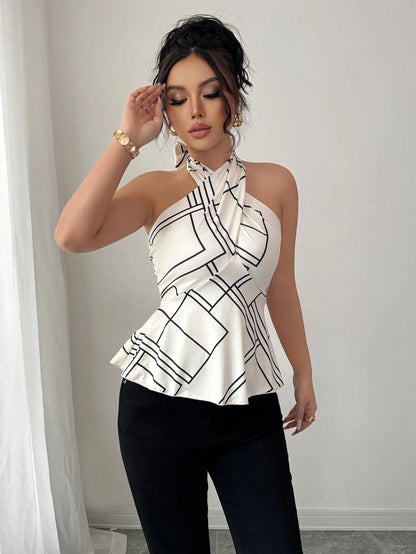 Glyssa Regata Sexy com Decote Halter Pescoço Cruzado, Cintura Marcada e Bainha Evasê, Casual de Primavera e Verão para Férias, Estilo Canelado Preto e Branco