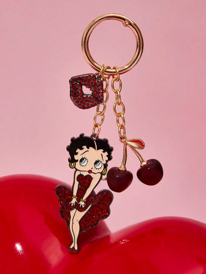 Betty Boop Chaveiro de Liga Elegante e da Moda com Cereja 3D Brilhante, Pingente de Bolsa Fofo de Desenho Animado, Charme de Bolsa, Ideias de Presente, Festa, Feriado, Dia dos Namorados