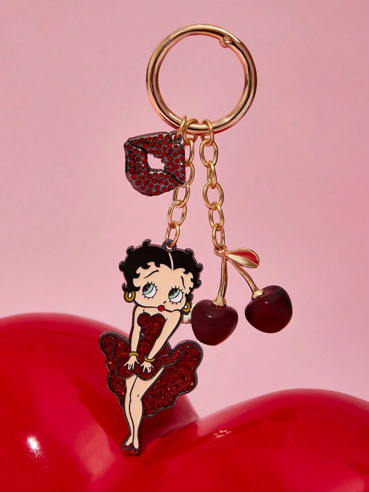 Betty Boop Chaveiro de Liga Elegante e da Moda com Cereja 3D Brilhante, Pingente de Bolsa Fofo de Desenho Animado, Charme de Bolsa, Ideias de Presente, Festa, Feriado, Dia dos Namorados
