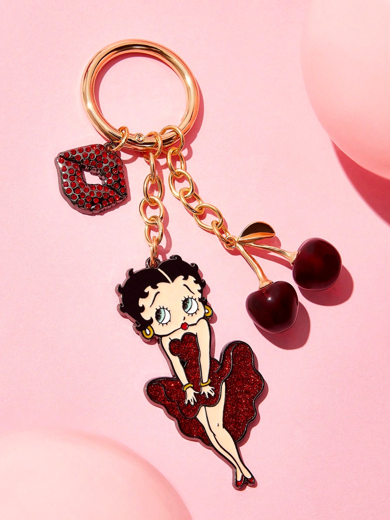 Betty Boop Chaveiro de Liga Elegante e da Moda com Cereja 3D Brilhante, Pingente de Bolsa Fofo de Desenho Animado, Charme de Bolsa, Ideias de Presente, Festa, Feriado, Dia dos Namorados