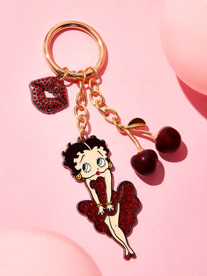 Betty Boop Chaveiro de Liga Elegante e da Moda com Cereja 3D Brilhante, Pingente de Bolsa Fofo de Desenho Animado, Charme de Bolsa, Ideias de Presente, Festa, Feriado, Dia dos Namorados