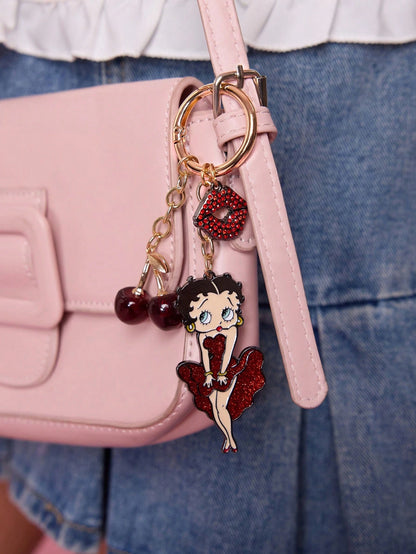 Betty Boop Chaveiro de Liga Elegante e da Moda com Cereja 3D Brilhante, Pingente de Bolsa Fofo de Desenho Animado, Charme de Bolsa, Ideias de Presente, Festa, Feriado, Dia dos Namorados