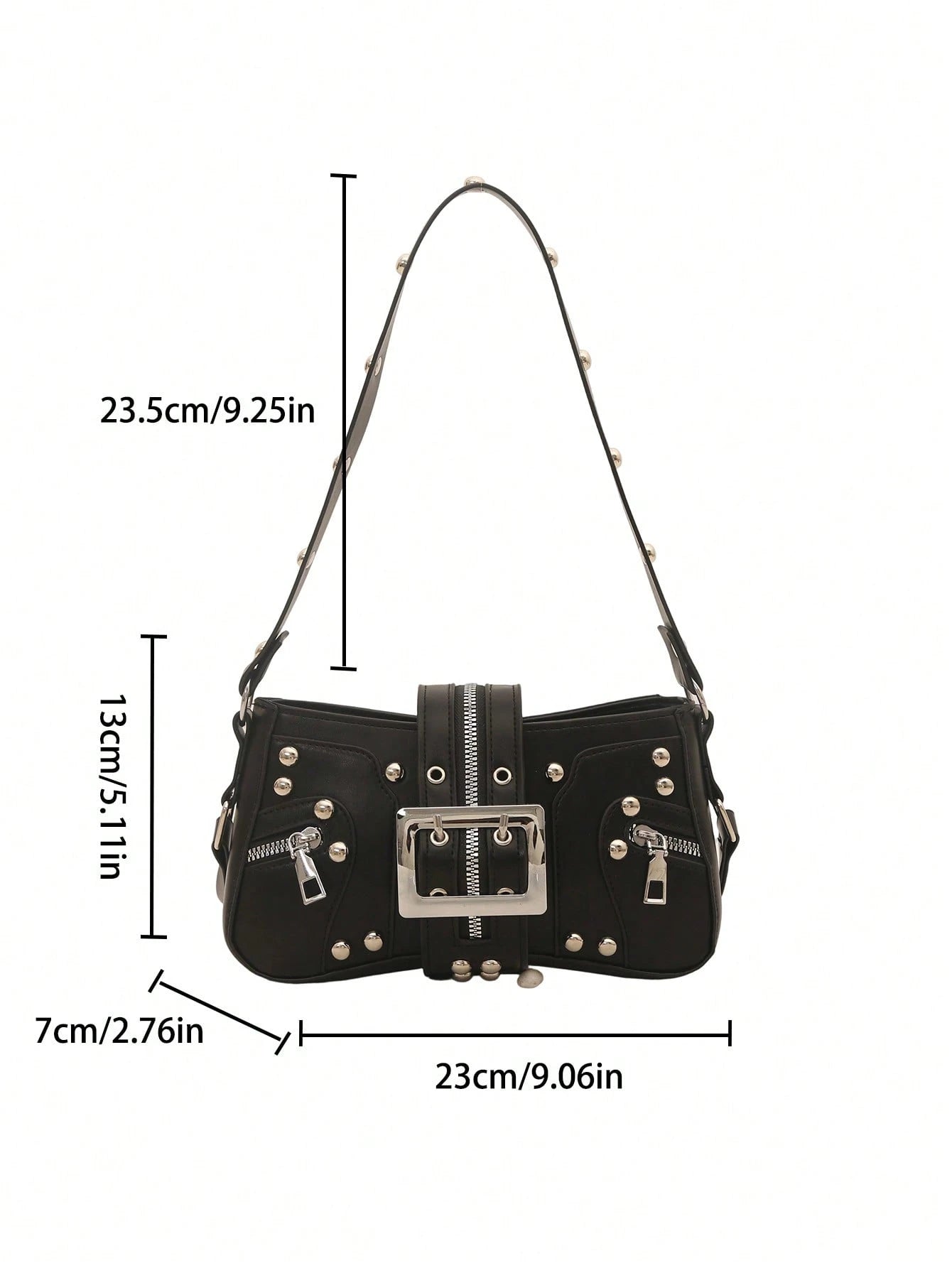 Bolsa de Ombro Feminina Decorada com Rebite da Moda, Bolsa Axilar, Bolsa Meia-Lua, Bolsa de Motoqueiro com Fecho de Cinto de Couro