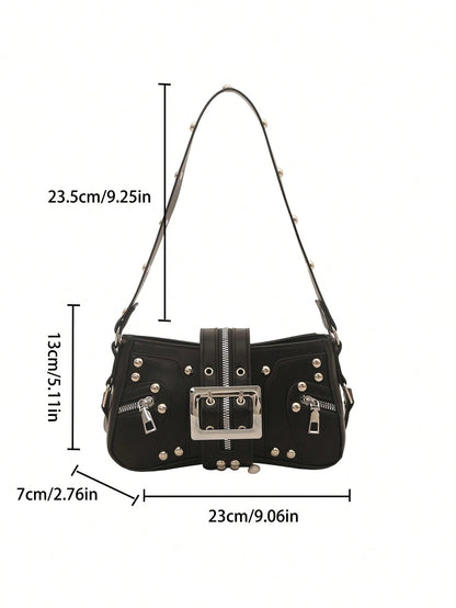 Bolsa de Ombro Feminina Decorada com Rebite da Moda, Bolsa Axilar, Bolsa Meia-Lua, Bolsa de Motoqueiro com Fecho de Cinto de Couro