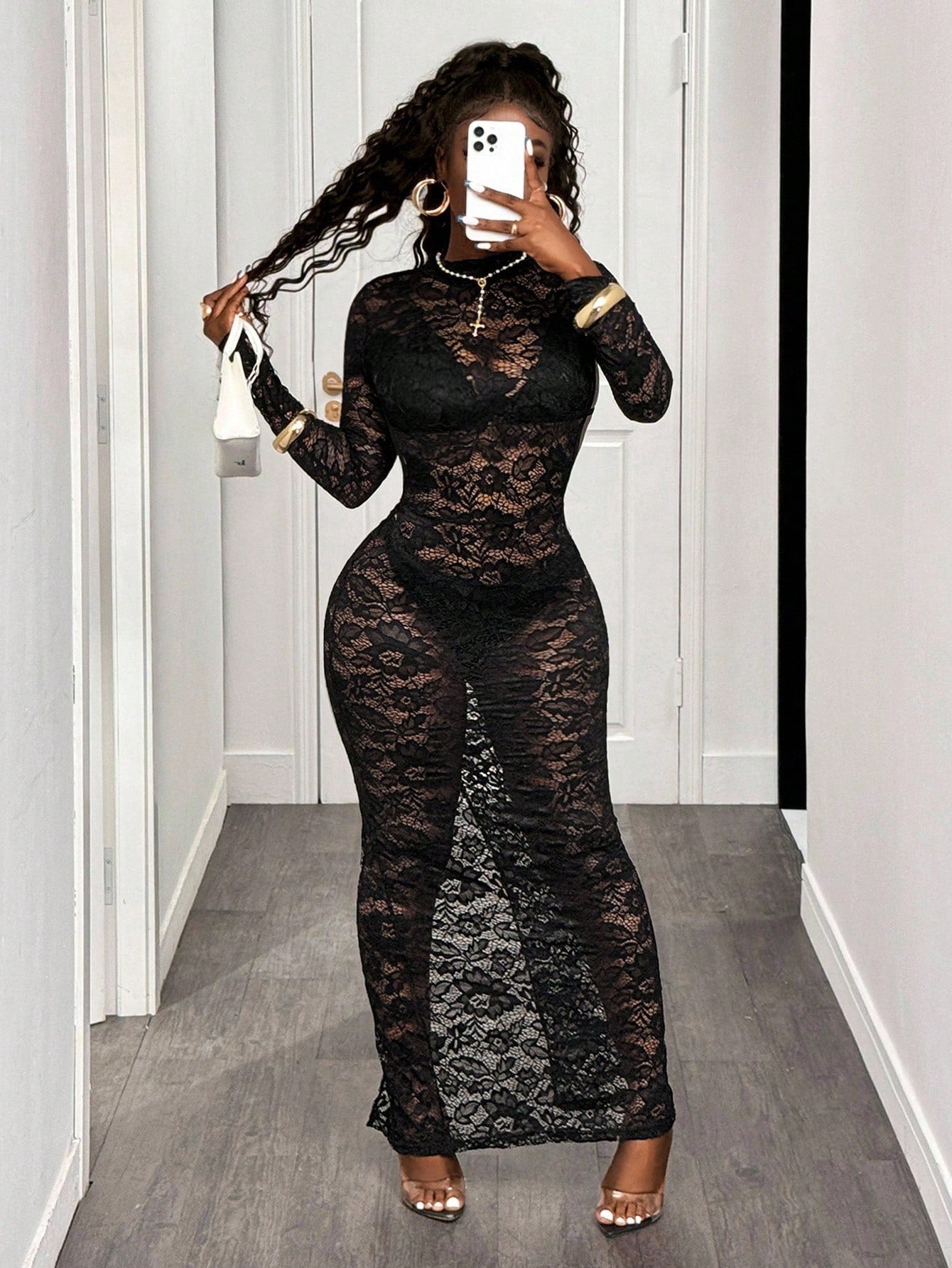 SHEIN BamGlam Vestido Sensual de Renda Transparente e Justo para Mulheres