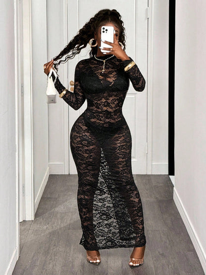 SHEIN BamGlam Vestido Sensual de Renda Transparente e Justo para Mulheres