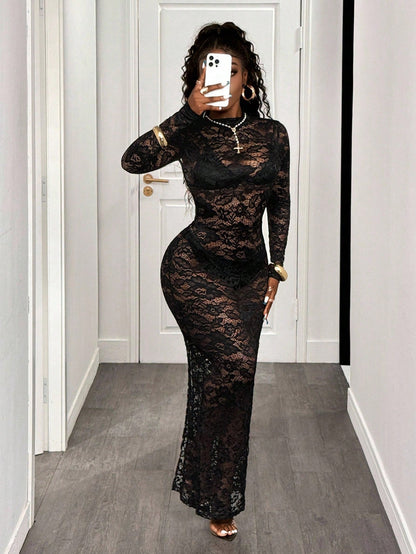 SHEIN BamGlam Vestido Sensual de Renda Transparente e Justo para Mulheres