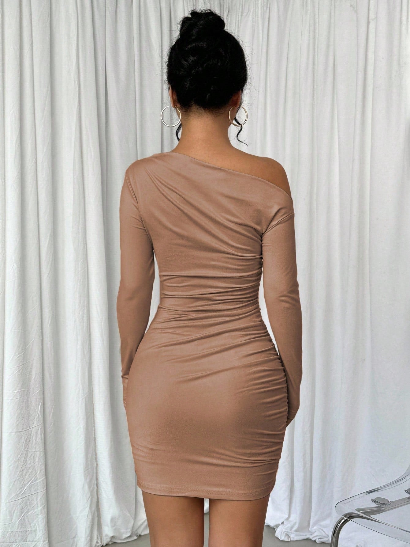 Elenzga Vestido Longo de Manga Longa Assimétrico Franzido de Cor Sólida para Mulheres