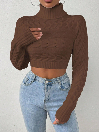 Glyssa Suéter Cropped de Gola Alta Feminino, Blusas de Manga Longa Tricô Pulôver Outono Inverno