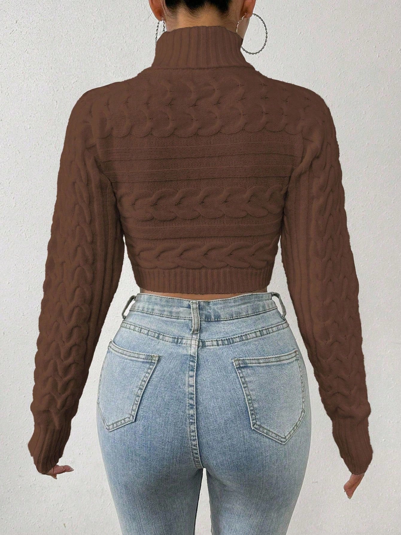 Glyssa Suéter Cropped de Gola Alta Feminino, Blusas de Manga Longa Tricô Pulôver Outono Inverno