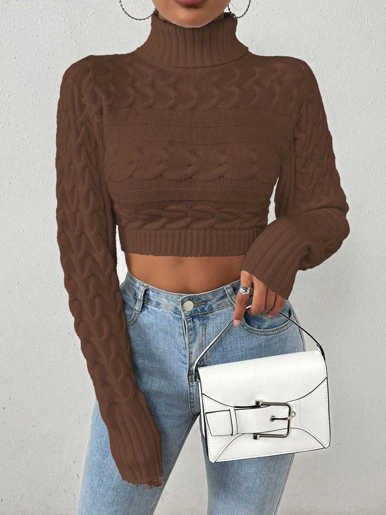 Glyssa Suéter Cropped de Gola Alta Feminino, Blusas de Manga Longa Tricô Pulôver Outono Inverno