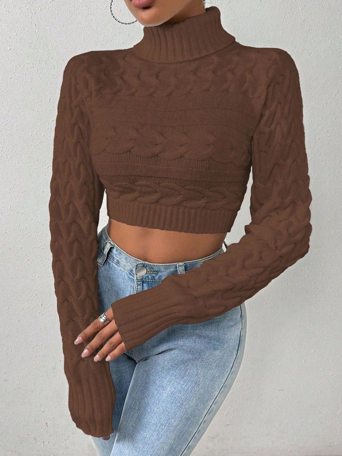 Glyssa Suéter Cropped de Gola Alta Feminino, Blusas de Manga Longa Tricô Pulôver Outono Inverno