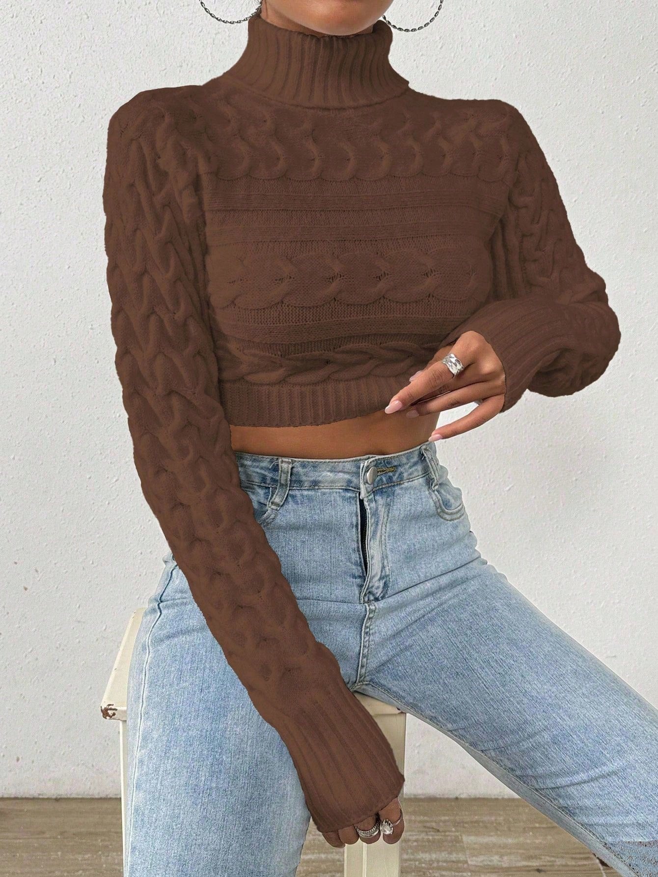 Glyssa Suéter Cropped de Gola Alta Feminino, Blusas de Manga Longa Tricô Pulôver Outono Inverno