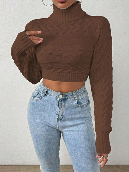 Glyssa Suéter Cropped de Gola Alta Feminino, Blusas de Manga Longa Tricô Pulôver Outono Inverno