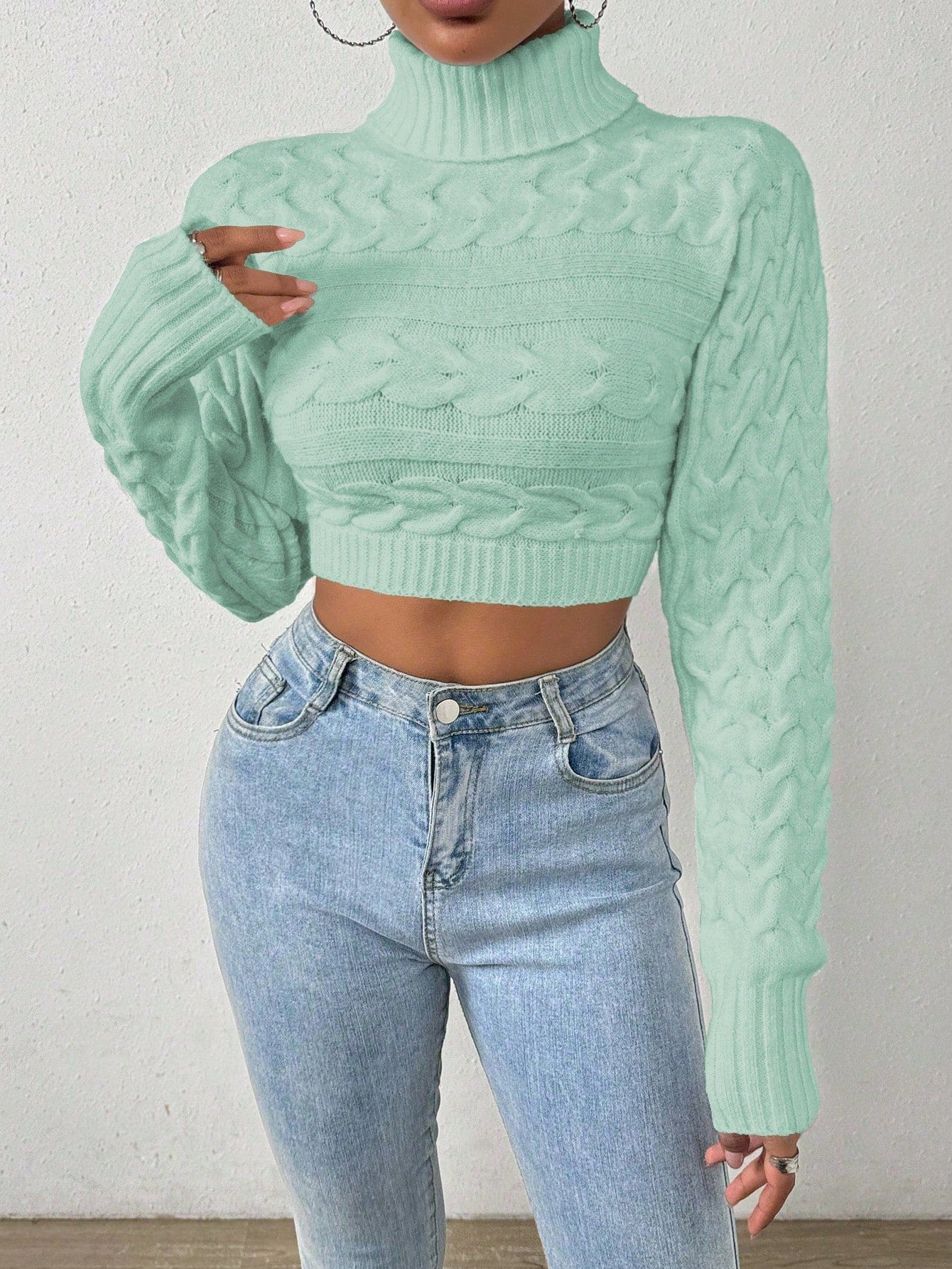 Glyssa Suéter Cropped de Gola Alta Feminino, Blusas de Manga Longa Tricô Pulôver Outono Inverno
