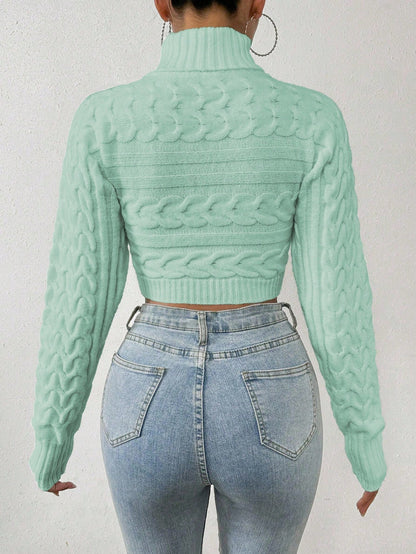 Glyssa Suéter Cropped de Gola Alta Feminino, Blusas de Manga Longa Tricô Pulôver Outono Inverno