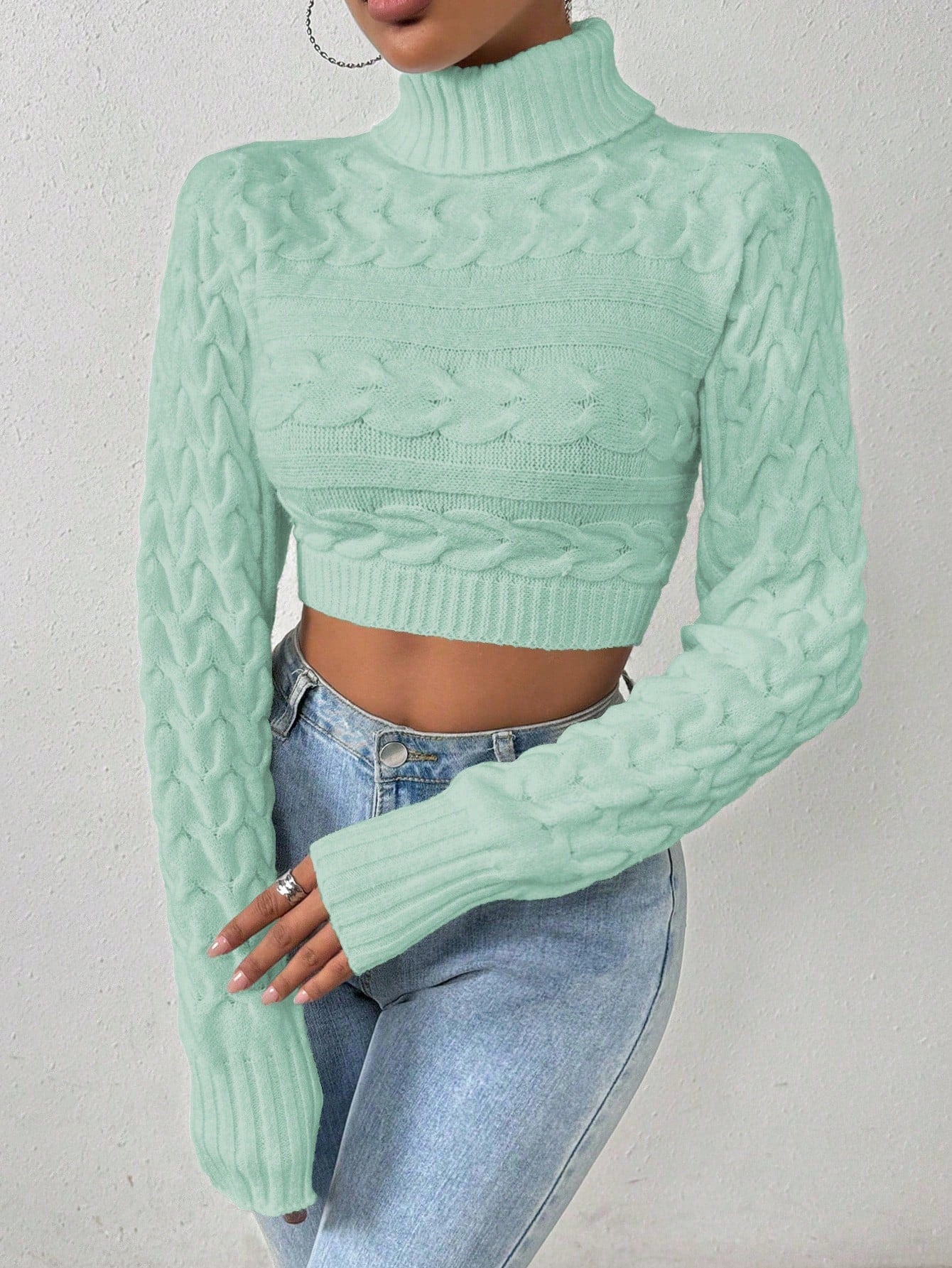 Glyssa Suéter Cropped de Gola Alta Feminino, Blusas de Manga Longa Tricô Pulôver Outono Inverno
