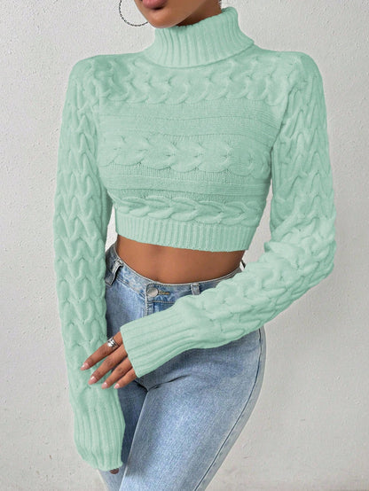 Glyssa Suéter Cropped de Gola Alta Feminino, Blusas de Manga Longa Tricô Pulôver Outono Inverno