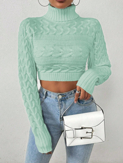 Glyssa Suéter Cropped de Gola Alta Feminino, Blusas de Manga Longa Tricô Pulôver Outono Inverno