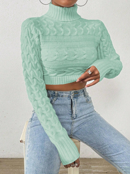 Glyssa Suéter Cropped de Gola Alta Feminino, Blusas de Manga Longa Tricô Pulôver Outono Inverno