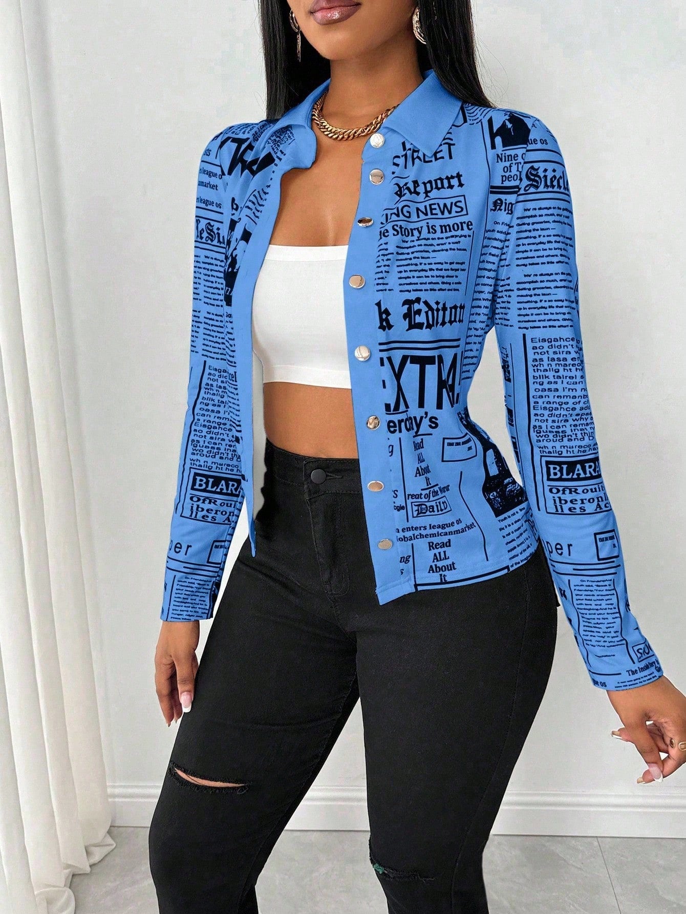 SHEIN LUNE Camisa Ajustada Estampada com Impressão de Jornal para Mulheres