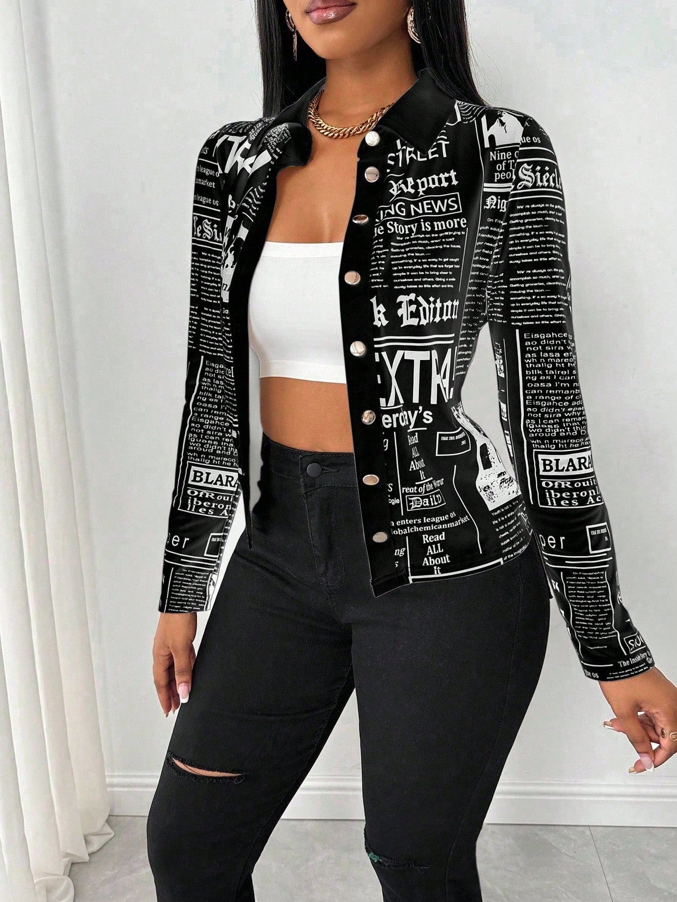 SHEIN LUNE Camisa Ajustada Estampada com Impressão de Jornal para Mulheres
