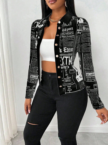 SHEIN LUNE Camisa Ajustada Estampada com Impressão de Jornal para Mulheres
