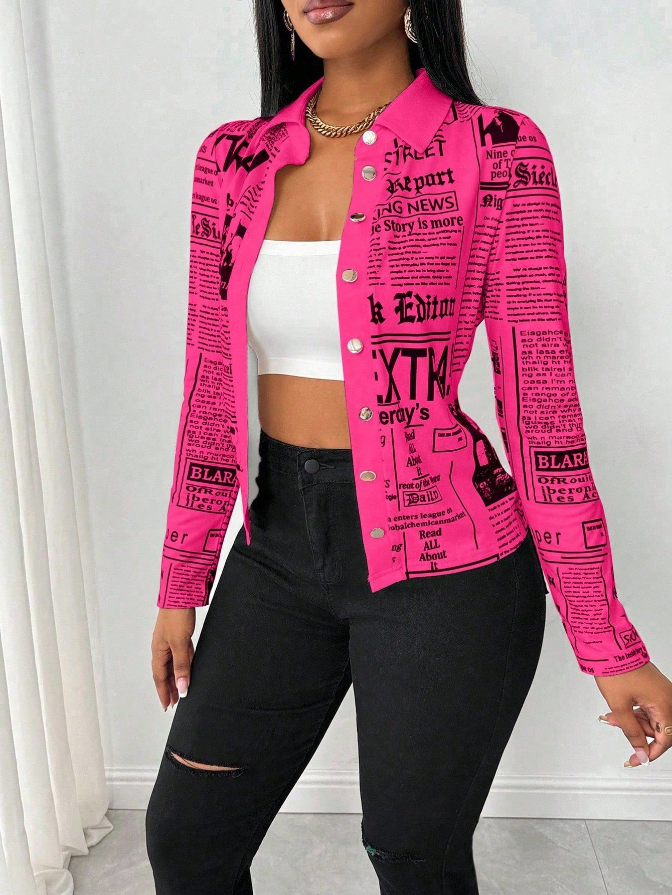 SHEIN LUNE Camisa Ajustada Estampada com Impressão de Jornal para Mulheres