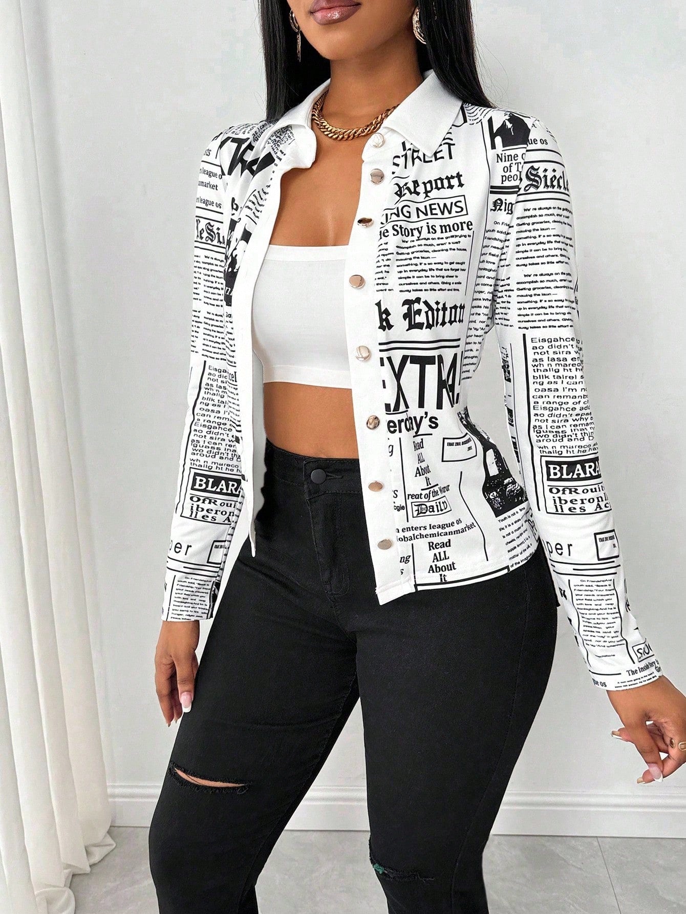 SHEIN LUNE Camisa Ajustada Estampada com Impressão de Jornal para Mulheres