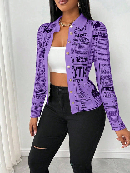 SHEIN LUNE Camisa Ajustada Estampada com Impressão de Jornal para Mulheres