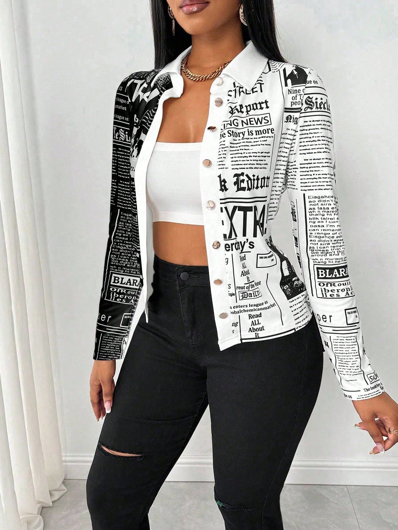 SHEIN LUNE Camisa Ajustada Estampada com Impressão de Jornal para Mulheres