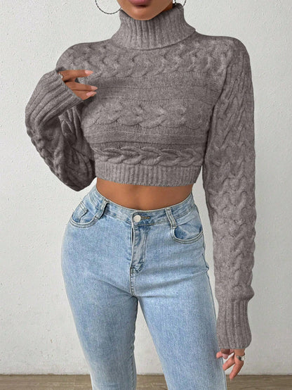 Glyssa Suéter Cropped de Gola Alta Feminino, Blusas de Manga Longa Tricô Pulôver Outono Inverno